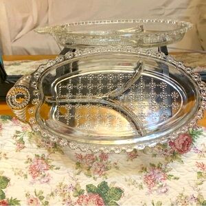 Vintage clear glass patterned relish serving dish tray, EUC